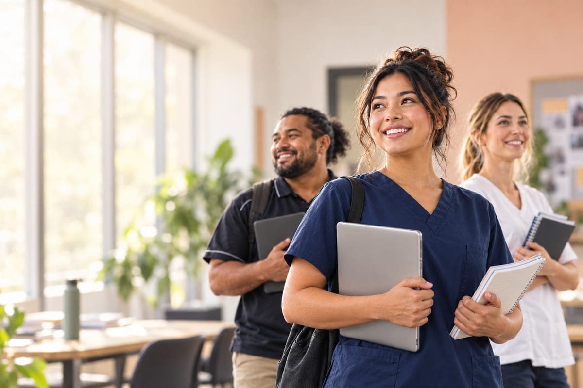 Three smiling healthcare students carrying laptops and notebooks between classes