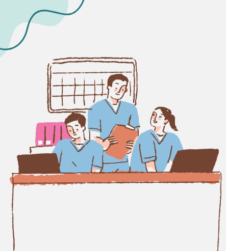Illustration of three healthcare workers at a desk